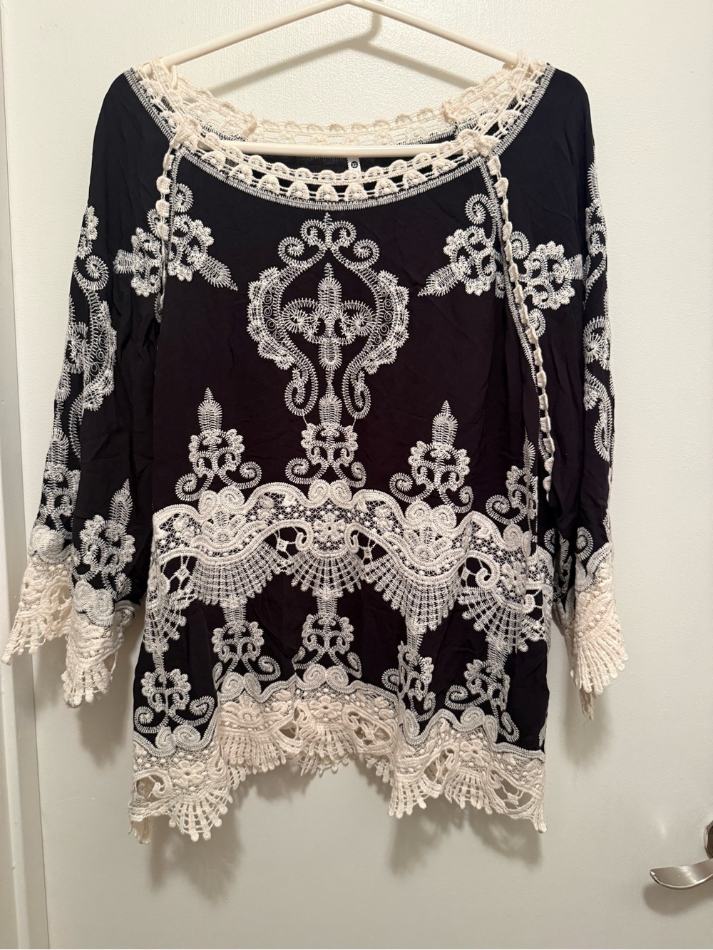 Embroidered Black & Cream Crochet Trim Women's Blouse
